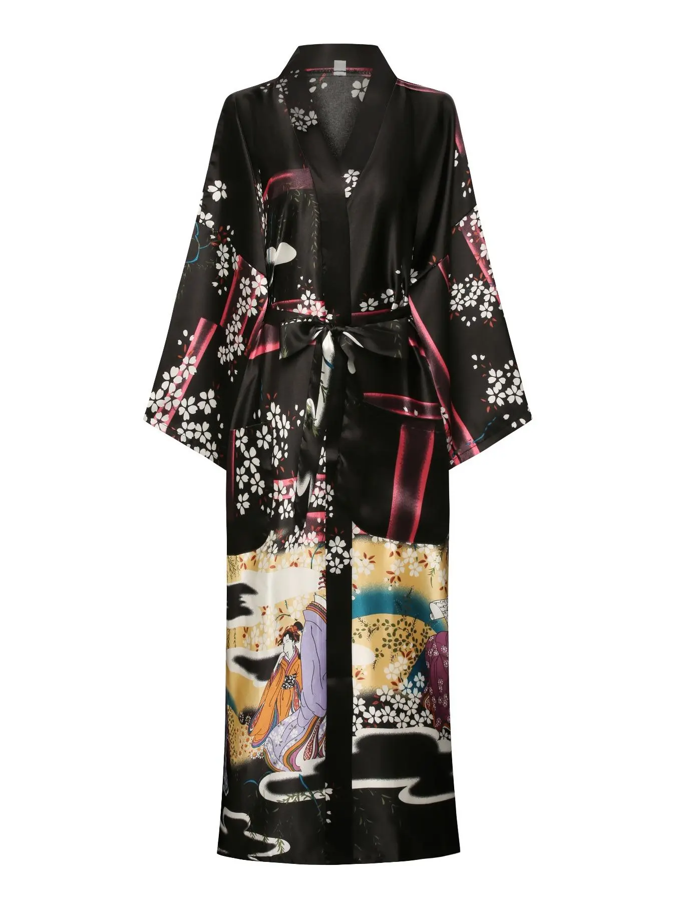 Breathable Women's Floral & Figure Print Belted Satin Silky Robe Gowns, Casual Long Sleeve V Neck Pocket Design Robe, Ladies Sleepwear Loungewear for All Seasons Womenswear Dressing Gown