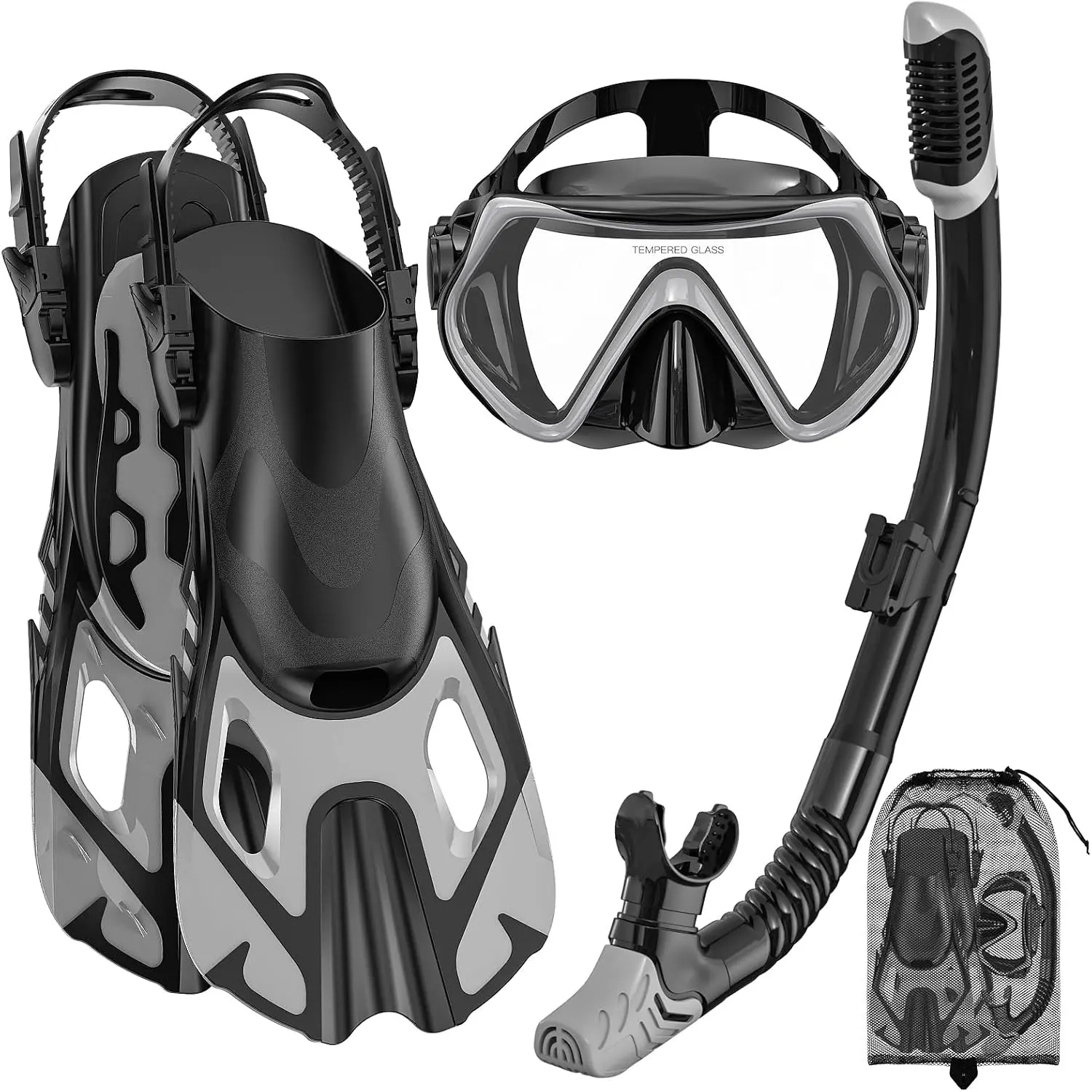 Snorkeling Gear for Adults, Mask Fin Snorkel Set with Dry Top Snorkel, Panoramic View Anti-Fog Anti-Leak Adjustable Swim Fins Travel Diving Snorkeling Kit