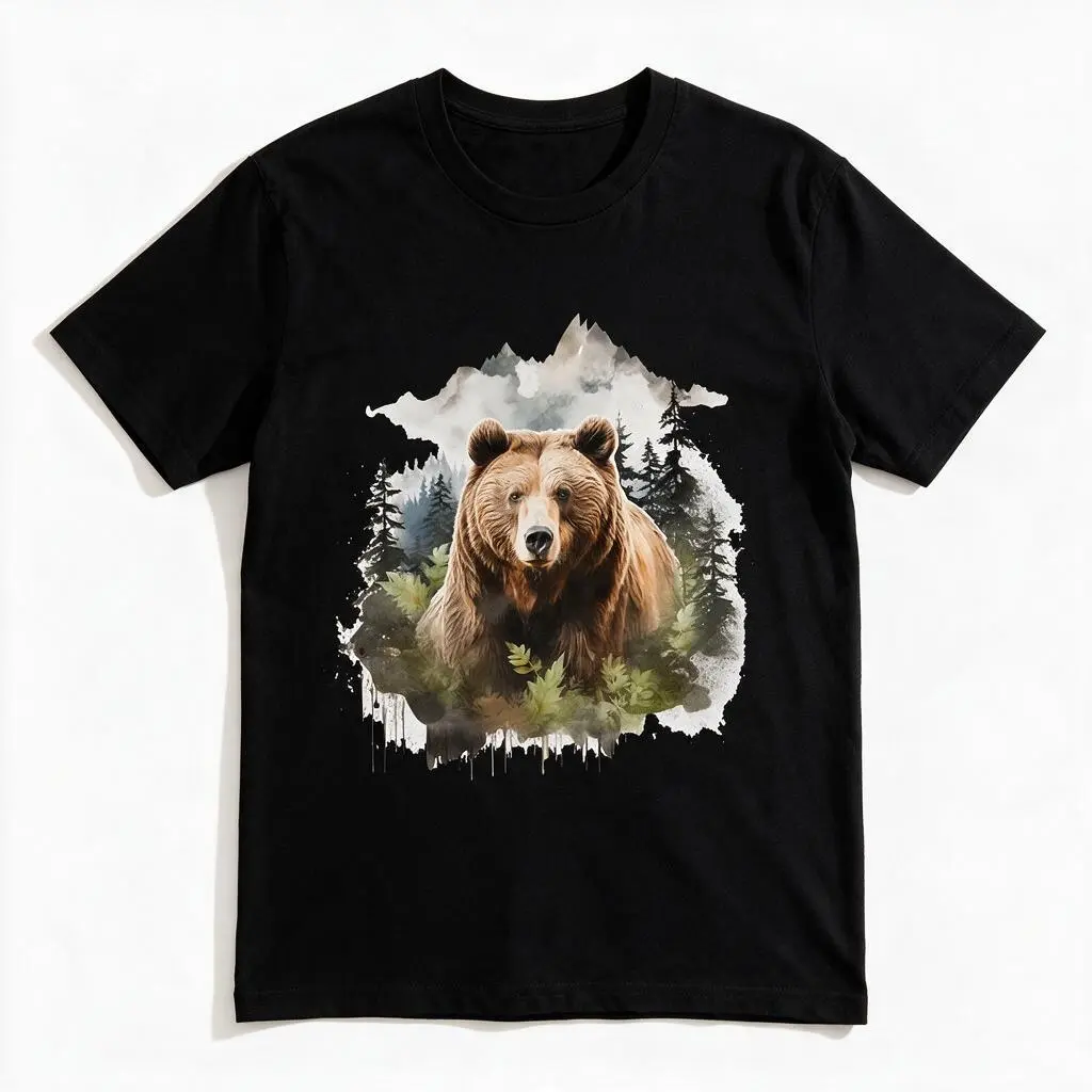 Vintage Wildlife Men’s T‑Shirt, Watercolor Brown Bear Mountain Forest Nature Graphic Print Short Sleeve Crewneck Tee, Outdoor Hiking Casual Cotton T‑Shirts for Men