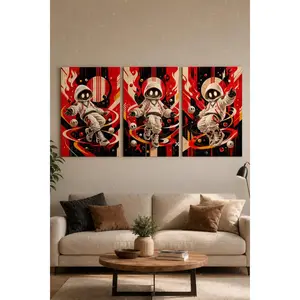 Red Black Astronaut Triptych Canvas Poster Set, Streetwear Wall Art, Cute Space Print for Teen Bedroom, Gaming Room, Living Room, Modern Aesthetic Home Decor Gift,wall decor,poster.