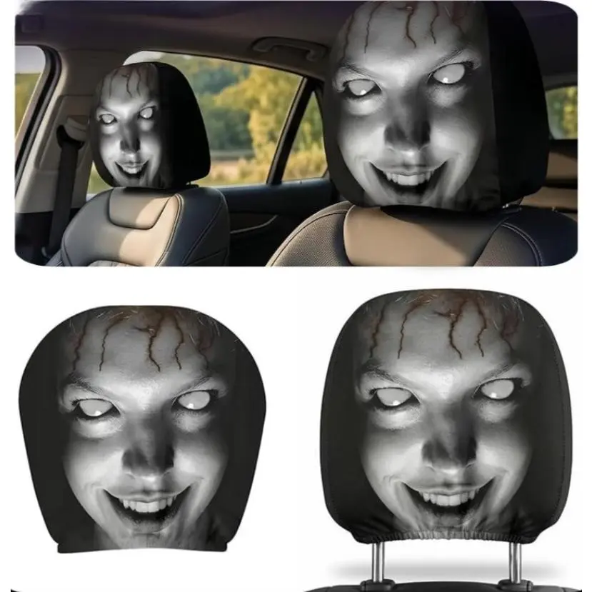 Ghost Face Headrest Covers for Cars 2/4/6 Pcs Spooky Scary Halloween Seat Protector, Funny Stretchy Elastic Breathable Fabric, Washable Car Head Rest Cover for Auto, Truck, SUV, Creative Vehicle Interior Decoration Accessories