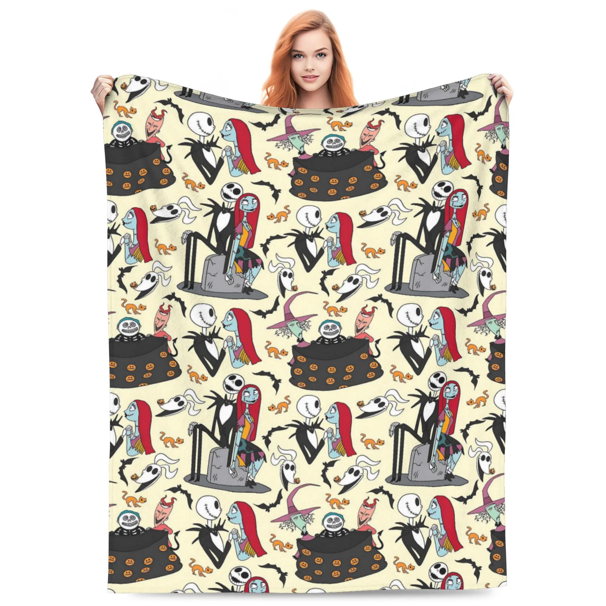 DISNEY CLASSIC Jack Sally Nightmare Repeating Throw Blanket, Jack Skellington Sally Lock Shock Barrel Bat Cat Cream Base All Over Print Flannel Fleece Blanket, soft seasonal decor for Nightmare Before Christmas fans and Halloween gatherings.