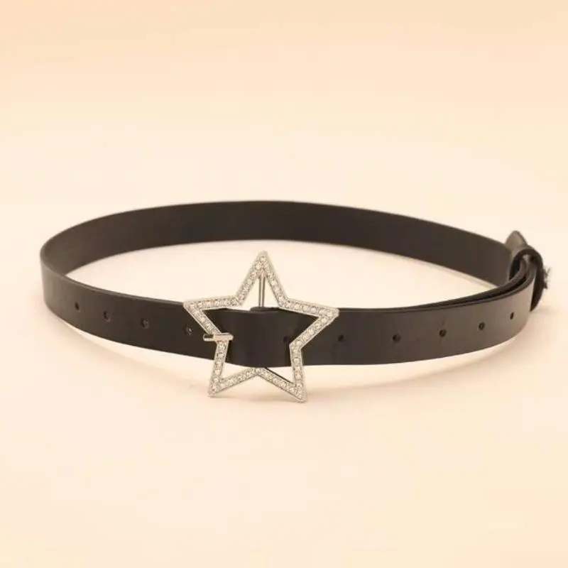 Women Y2K Star Waist Belt, PU Leather Thin Belt, Hollow Rhinestone Star Buckle, Retro Street Fashion Accessory