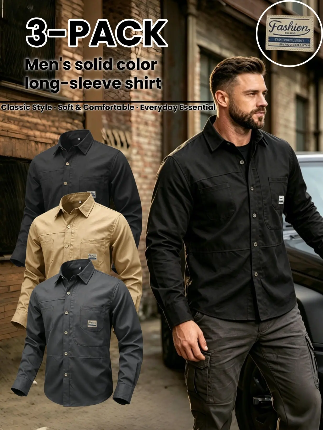 3-Pack Men's Solid Classic Lightweight Long Sleeve Button-Down Shirt, Dual Chest Pocket Workwear Casual Shirt, Outdoor Beach Vacation Jacket