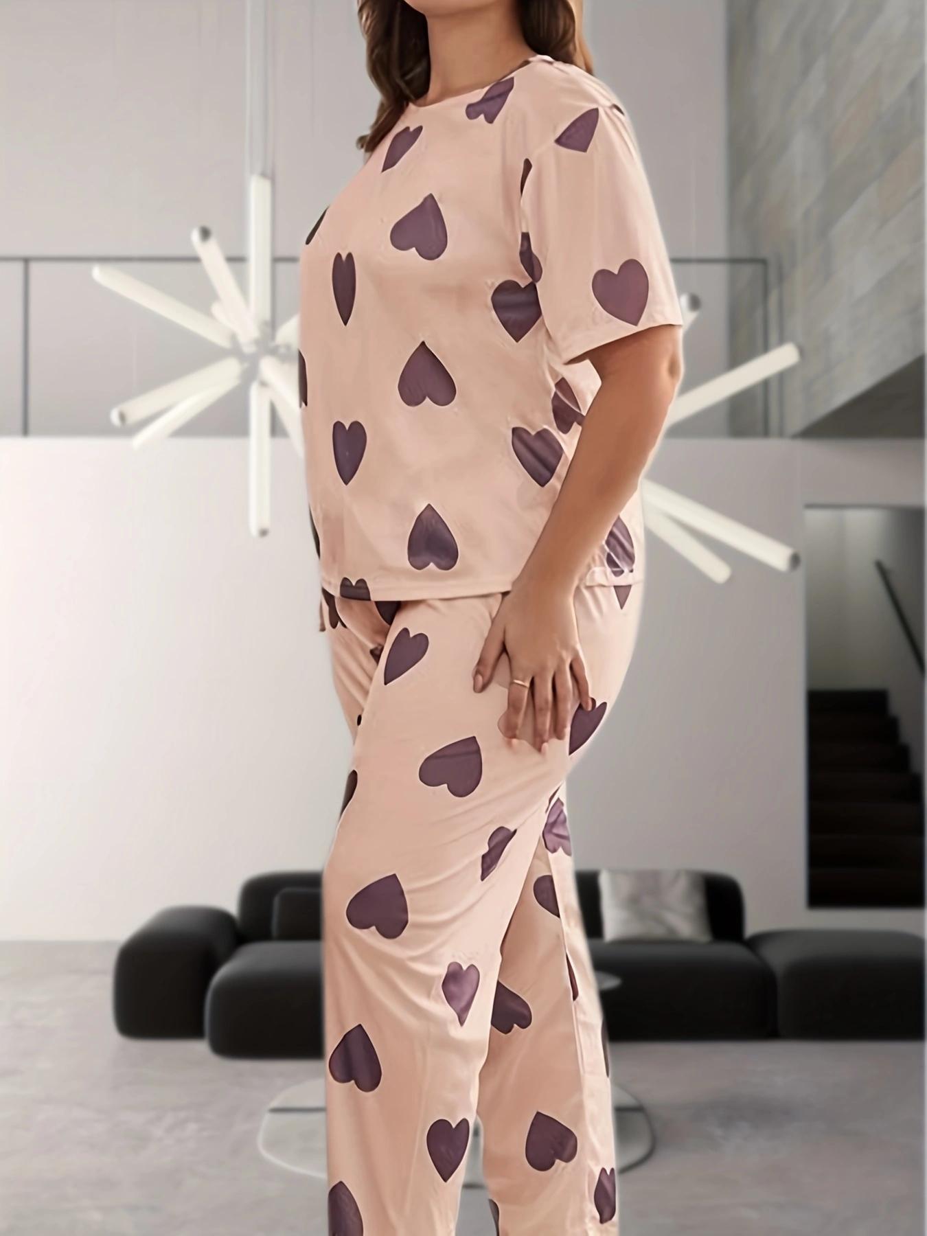 Plus Size Two-Piece Set Heart Print Drop Shoulder Tee & Elastic Waist Pants Pyjama Set, Casual Comfy Round Neck Short Sleeve T-shirt & Trousers Pj Set, Women's Sleepwear for All Seasons Valentine's Day, gift