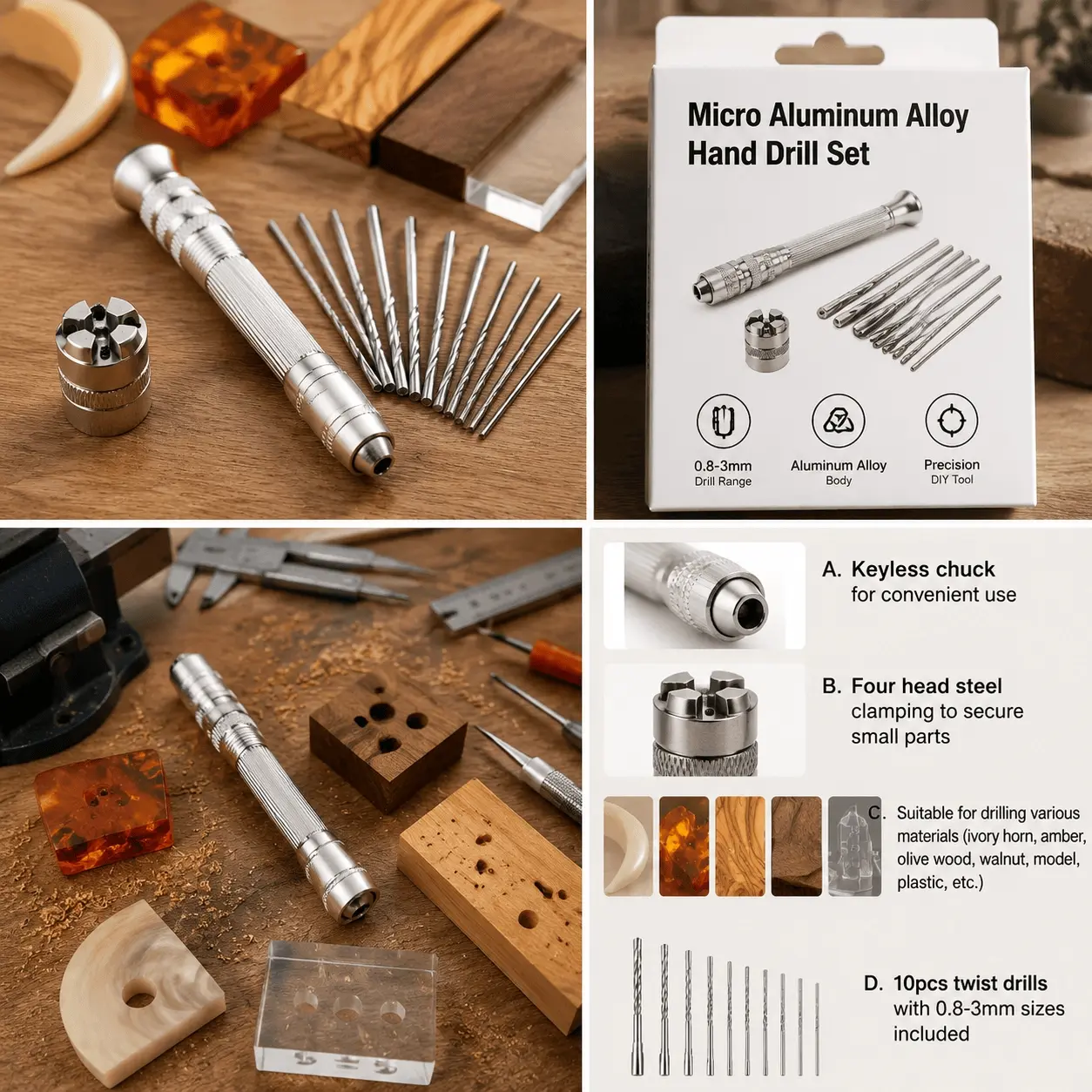 Mini Aluminum Hand Drill Kit with Keyless Chuck - Portable Precision Micro Drill Tool Set for DIY Model Making, Jewelry, Woodworking & Crafts - High Precision Electric Engraving and Fine Drilling