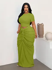Plus Size Women's Short Sleeve Top + Drawstring A-Line Skirt Set, Summer Textured Pleated Two-Piece, Casual Fashion Ensemble