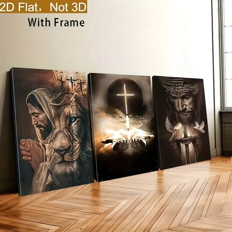 2D Flat Framed 3-Piece Religious Wall Decor, Redemption and Jesus Series, Cross Art Bible Canvas Painting, Home Decoration, Creative Gift Home Wall Poster, Suitable for Living Room, Bedroom, Office, and Restaurant Wall Art, Faith-Themed Decoration, Classi