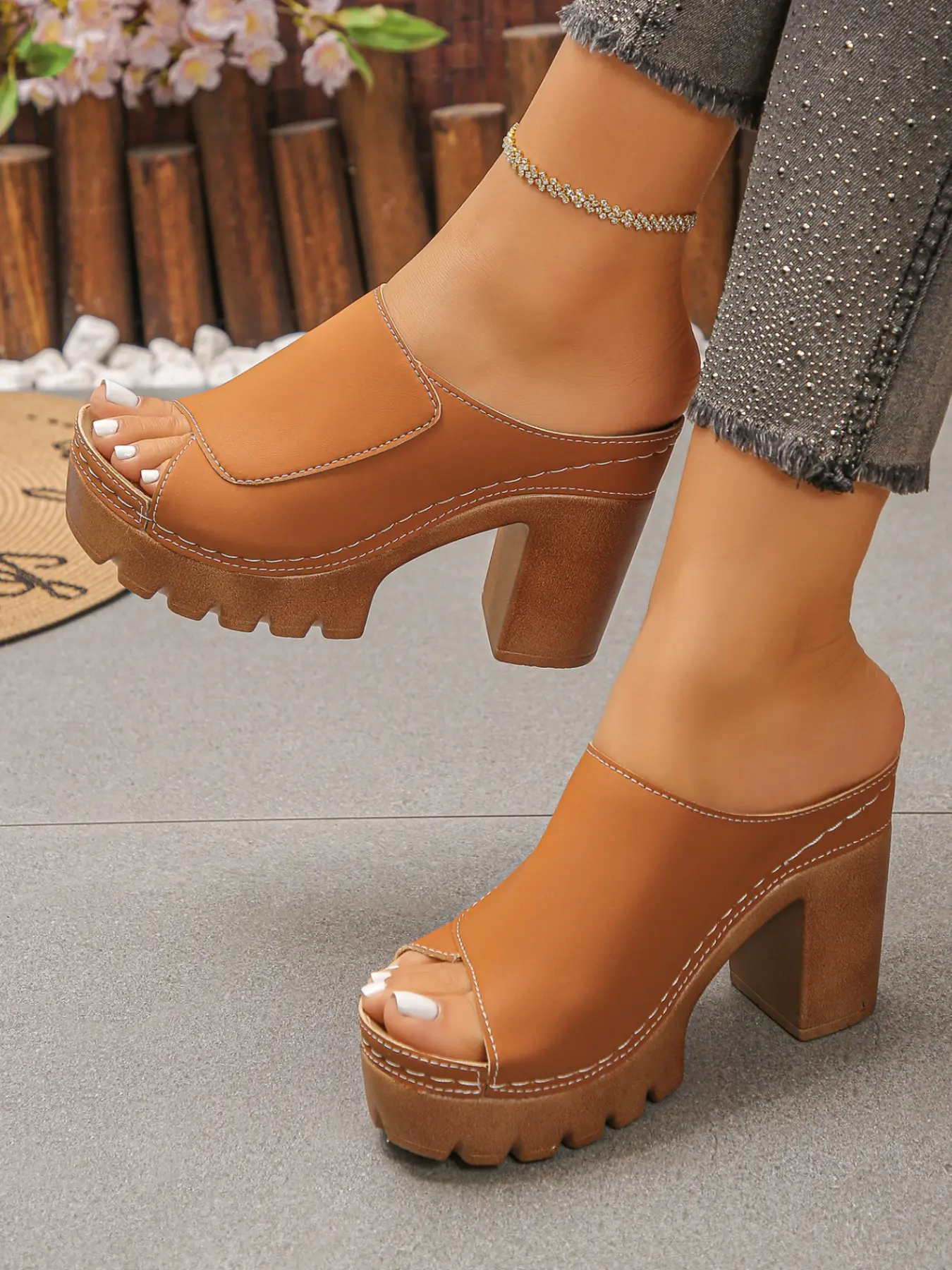 Y2K Western Style Fish Mouth Sandals, PU Leather, Rubber Sole, All over Print, Fashion Clogs, Waterproof, Slip-On, High Heel