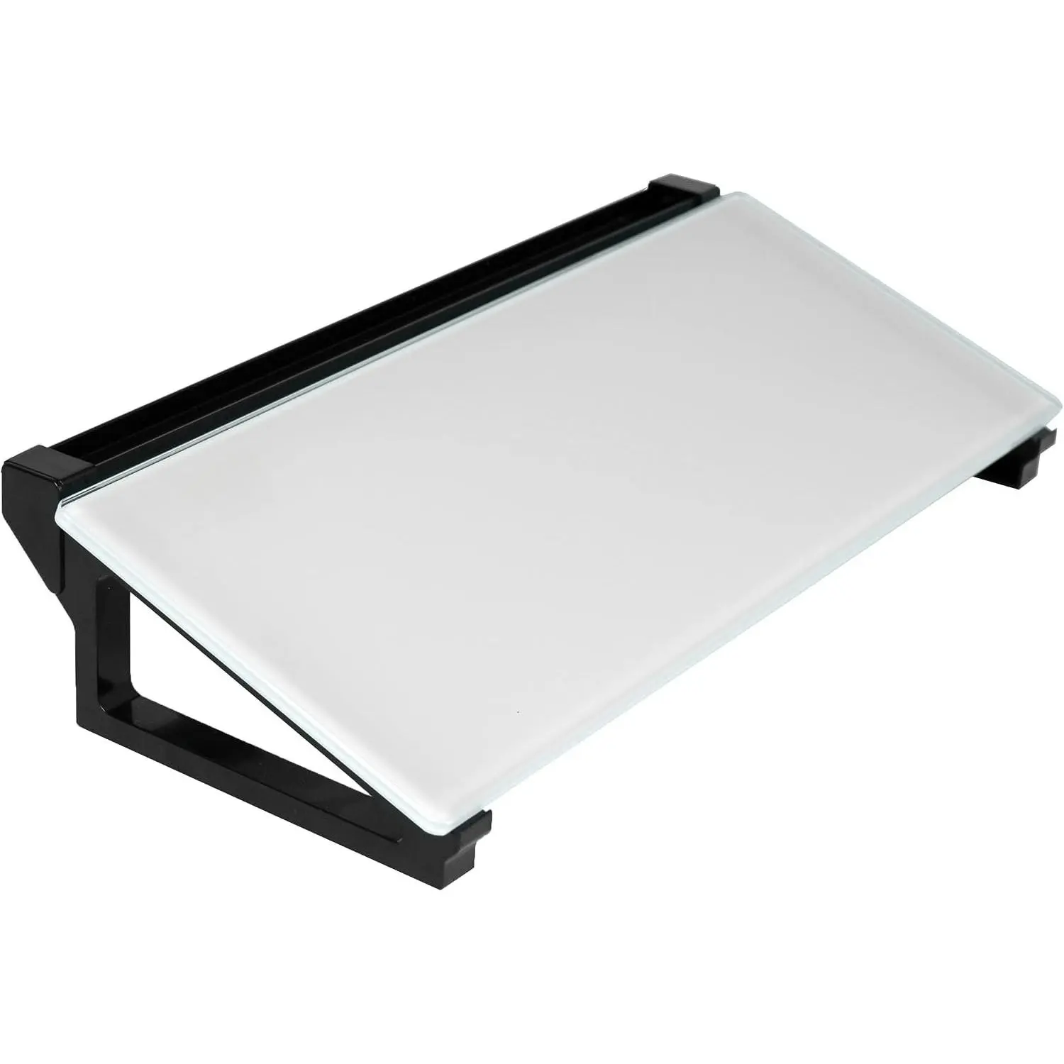Glass 16 x 7 inch Desktop Whiteboard with Marker Slot and Open Storage, Dry Erase Non-Streak White Surface, Black Frame, DESK-WB16D
