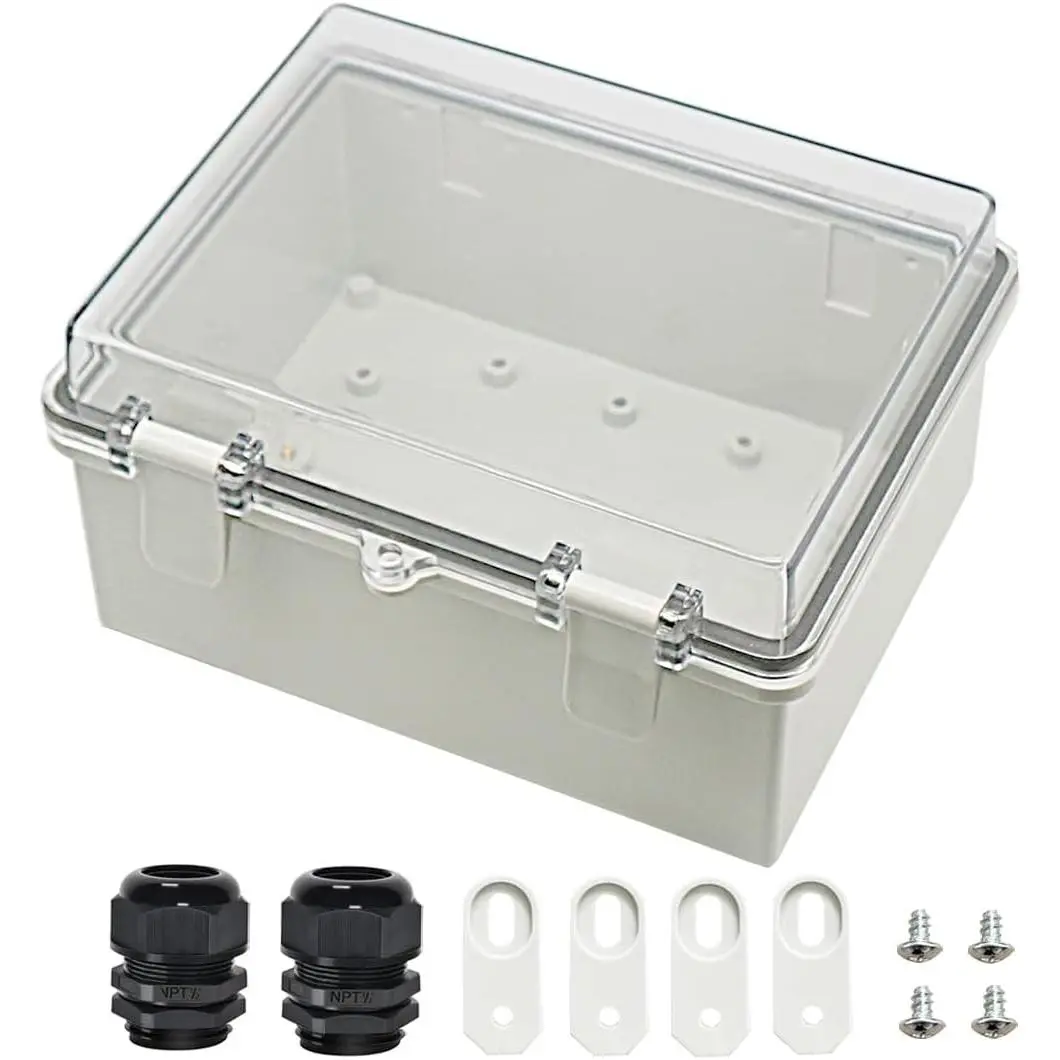 Junction Box ABS Plastic Dustproof Waterproof IP65 Electrical Boxes Hinged Shell Outdoor Universal Project Enclosure Clear Cover with 2 Cable Glands 8.7 x 6.7 x 4.3 inch (220x170x110 mm)
