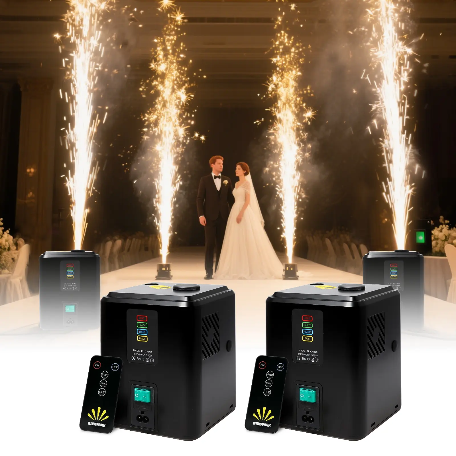 1pc Lightweight 350W Cold Spark Machine Set with 10×50g Consumables, 2-3.5M Golden Sparks Effect, Wireless Auto Cut-Off Safety Device for Wedding, Party DJ Stage Events