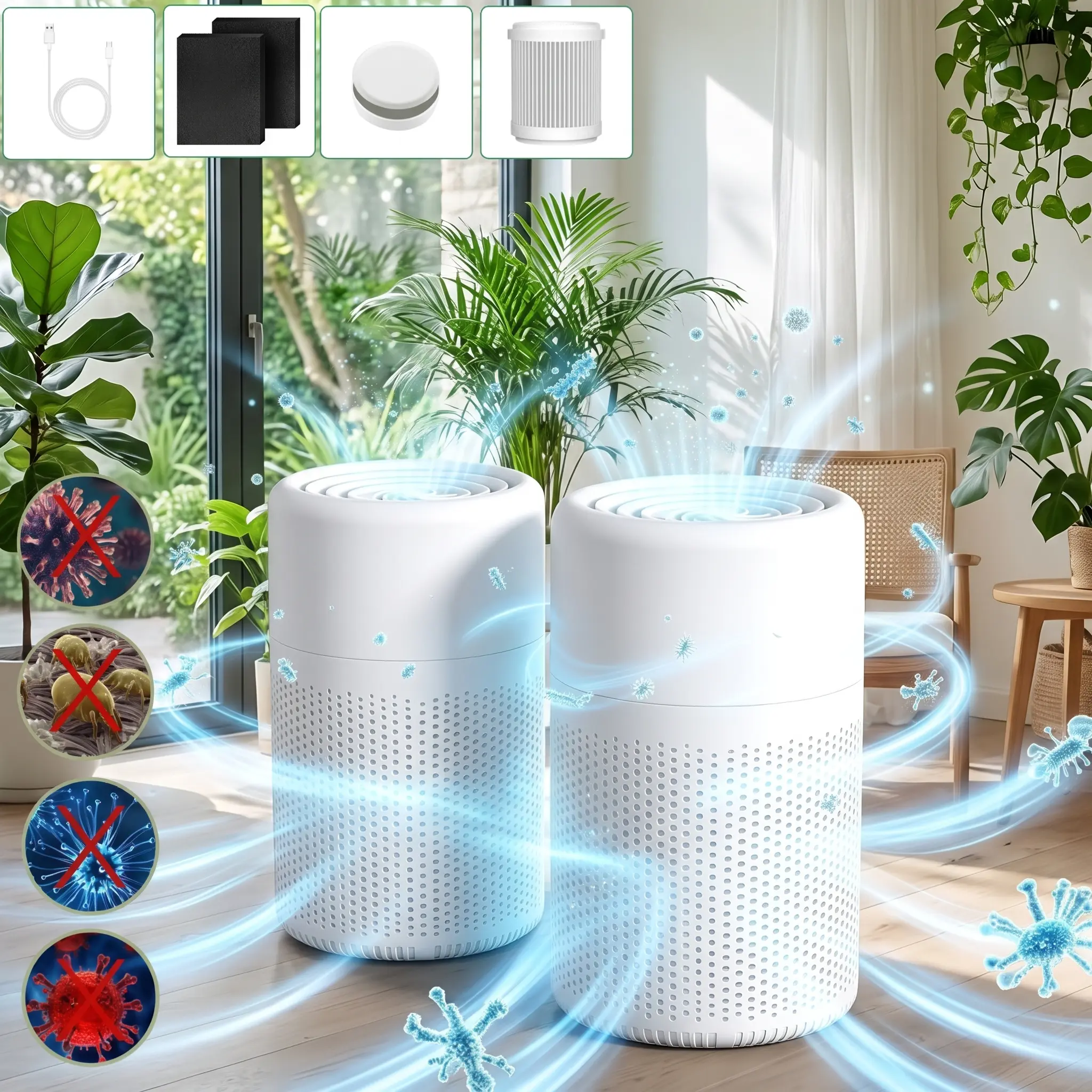 (2-Pack) H13 HEPA Air Purifier for Bedroom and Home, Air Cleaners with Ionizer, 24dB Quiet Filtration, Odor Elimination, Smoke, Dust, Pollen and Pet Dander Removal, Type-C/USB Powered