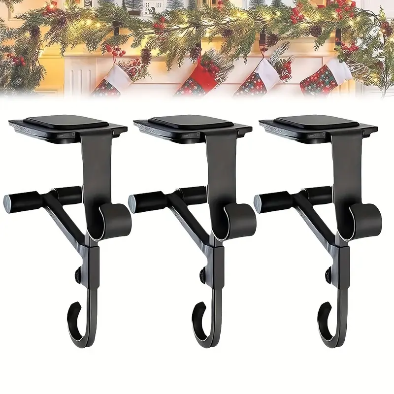 Christmas Mantel Stocking Holder, No Drill Fireplace Stocking Hanger with Double Hooks, Heavy Duty Metal Clip for Christmas Stockings, Wreaths and Holiday Decorations