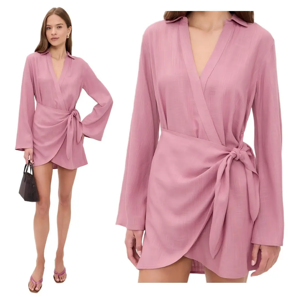 2026 Spring Summer Women Asymmetrical Belted Long Sleeve Shirt Elegant Wrap Blouse Casual Office Top
