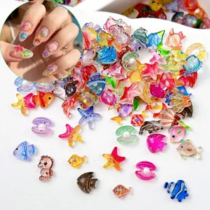 Ocean Theme Cartoon Resin Nail Art Decorations, Underwater World Fish Starfish Shell 3D Nail Accessories, Mixed Pack，Nail Art Rhinestones / Flatback Crystals / Multi-Color / Pickup Tool，cute
