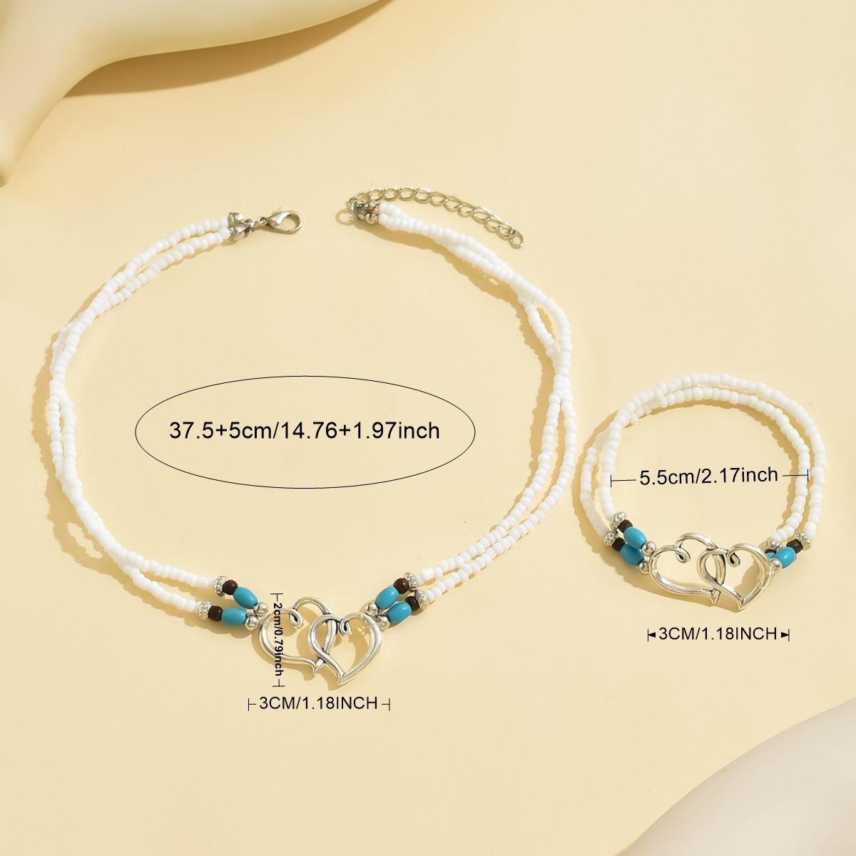 Beach Vacation Boho Jewelry Set Double Layer Seed Bead Anklet Dual Heart Beaded Necklace Turquoise Bracelet Body Chain Bohemian Style for Women Trendy Summer Stackable Versatile Daily Party Holiday Outfits