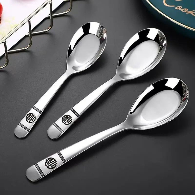 Chinese Luck Pattern Stainless Steel Spoon, Thick Solid Long Handle Heat Resistant, Home Dining Soup Spoon, Hotel Restaurant Gift Utensil