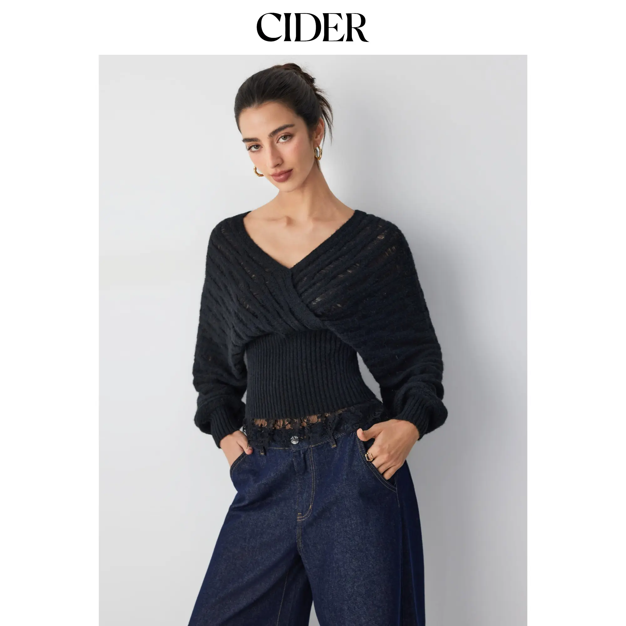 Cider Knit Wool-blend V-neck Surplice Lace Trim Long Sleeve Sweater