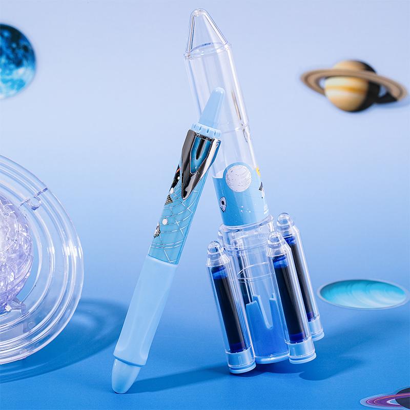 Set 2 simple posture fountain pens with starry sky pattern, blue theme, comes with 4 ink cartridges, replaceable ink cartridges, minimalist style, smooth continuous ink flow, quick drying, DIY study office writing, large capacity fountain pen set