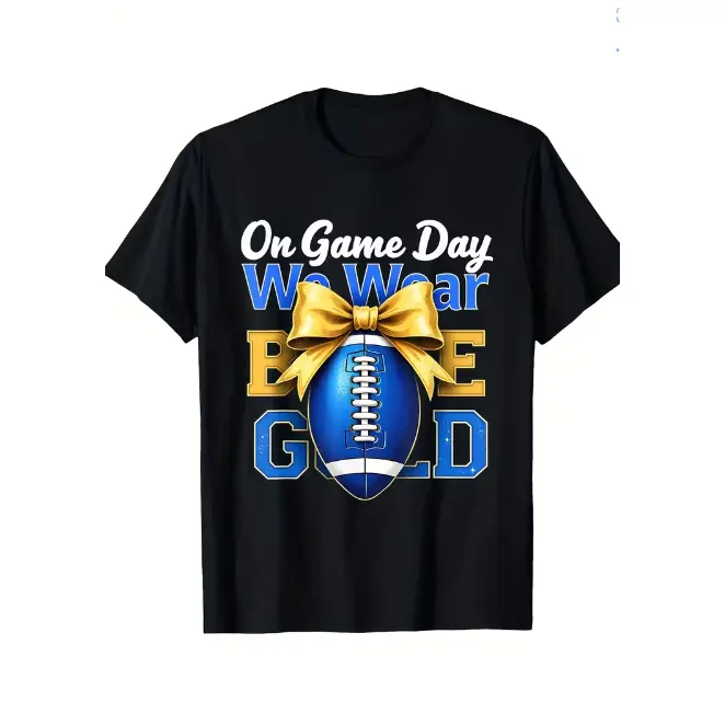School Football Team on Gameday We Wear Blue & Golden Game Day T-Shirt - Adult Regular Fit Casual Tee with Bold Football Graphic & Team Colors for Game Day Fan Apparel, School Spirit OutfitsHot Selling Items, Gift, Fashionable, Unisex, Vintage