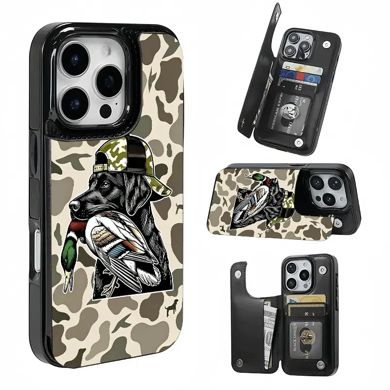 Camo Hunting Dog and Duck Card Holder, Printed phone case, not 3D textured. Features card slot for bank cards, transit cards etc. Compatible with iPhone 17/16/15/14/13/12. Unisex, great holiday gift.