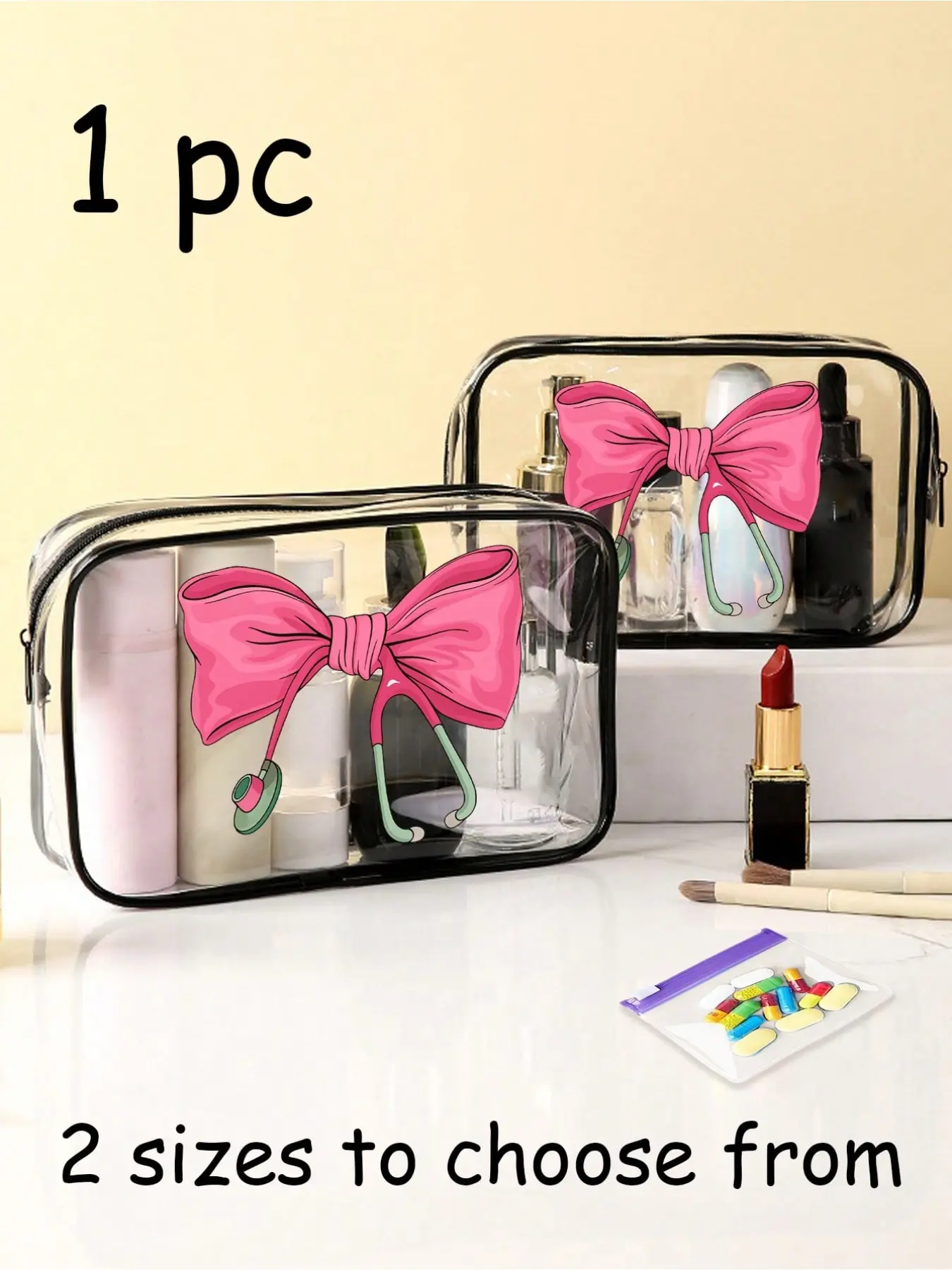 Bow Stethoscope Nurse Bag, Lightweight PVC Travel Cosmetic Case, Zipper Closure, Medical Accessories, Ideal Gift for Nurses