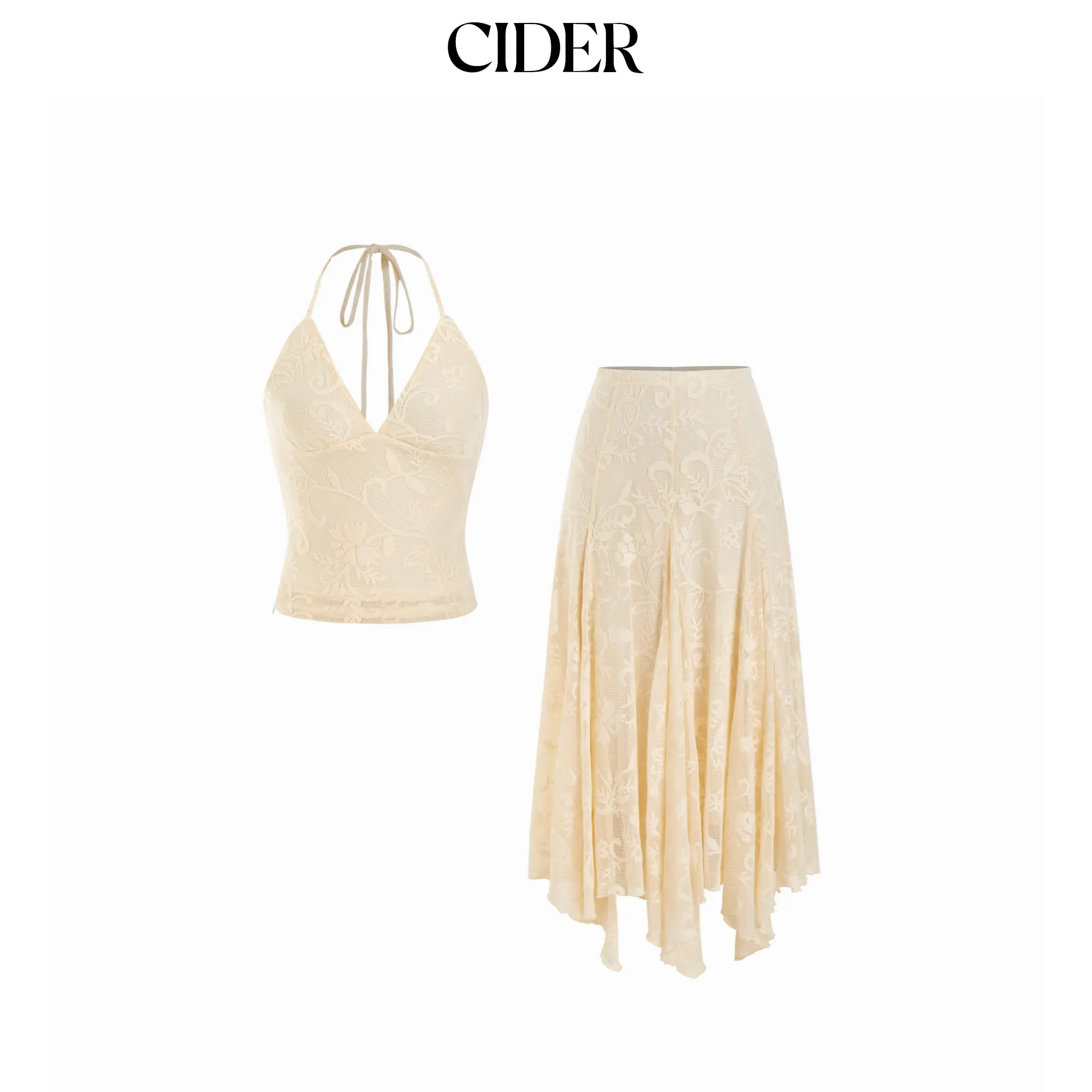 Cider Lace V-neck Halter Neck Top & Asymmetrical Ruffle Midi Skirt Set