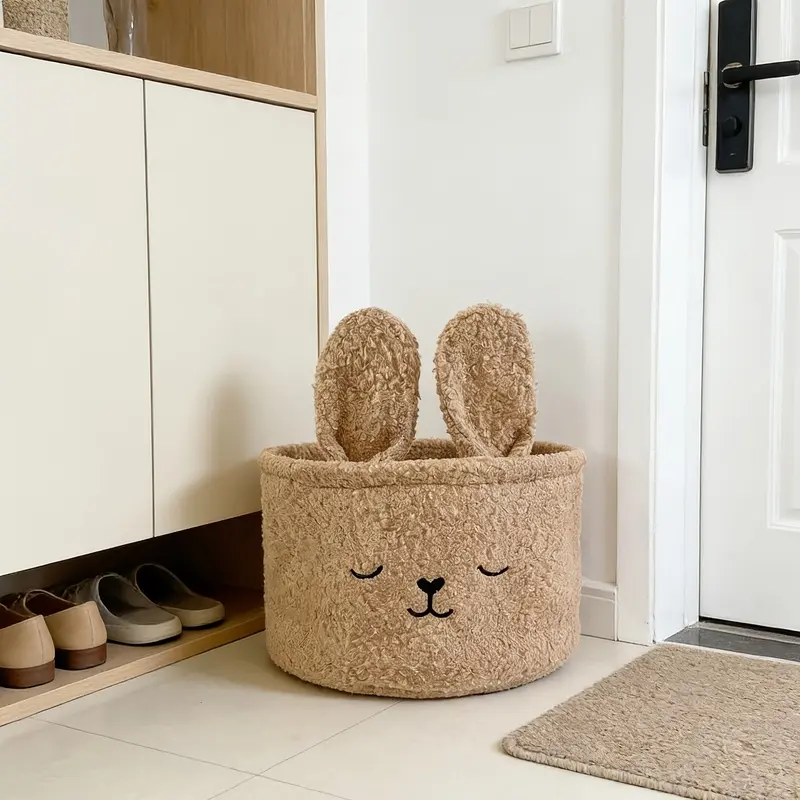 Easter Bunny Storage Basket 1 Pack Cute Plush Teddy Velvet Rabbit Ear Design Large Capacity Laundry Hamper Bedroom Home Decor Kids Toy Snack Organizer Easter Party Supplies