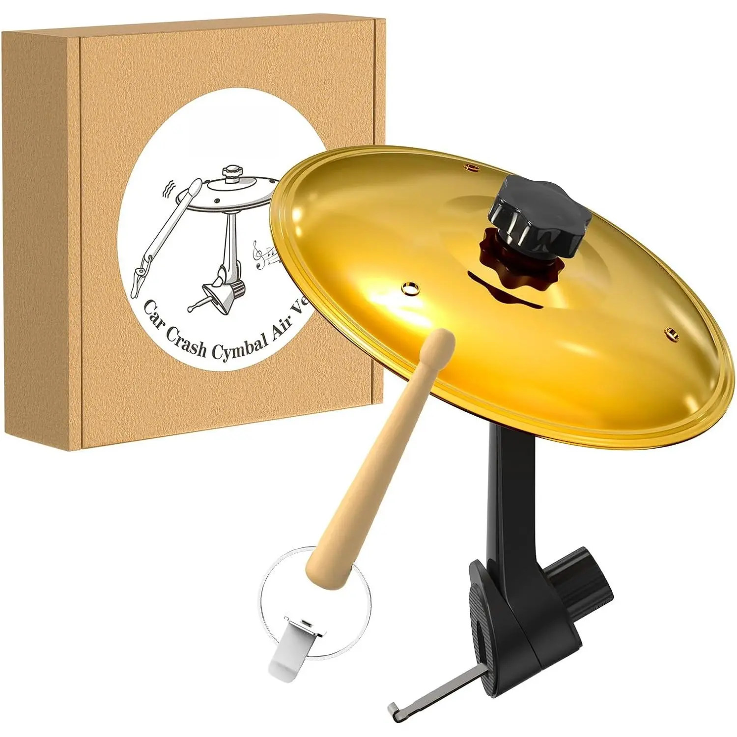 Car Cymbal Air Vent, Mini Drum Crash Cymbal Set with Mini Drum Stick, Funny Musical Instruments Gadget for Drummer Music Lovers Gift, Compact Durable Car Accessory for Most Vehicles(Gold)