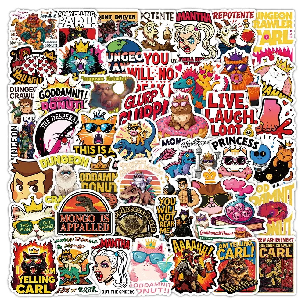 50pcs Sticker Set Featuring Dungeon Crawler Carl - Stickers, Sticker Packs, Decorative Decal Ideal for Scrapbooking, Decorating Water Bottles, Skateboards, Diaries, Laptops, Tablets, Refrigerators, Suitcases, Gift Bags Decorative Stickers