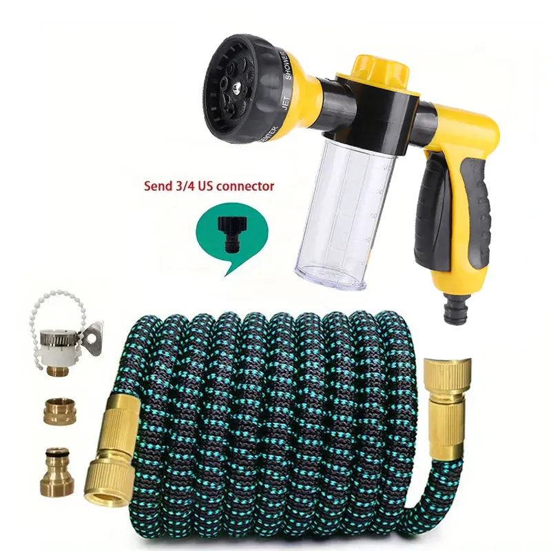 Expandable Garden Hose 8 Pattern Foam Sprayer Gun With 3/4 US Connector Flexible Retractable Water Hose For Car Wash & Gardening