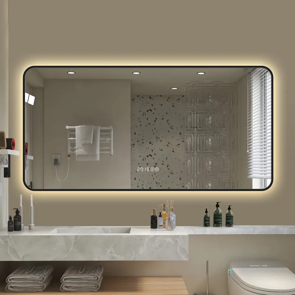 48x24 Inch Black Aluminum Alloy Framed Wall Mirror - Rounded Edges, LED Vanity Design with Temperature Display, 3 Color Adjustable Lights, Anti-Fog Function, High Definition Tempered Glass, Smart Pick for Bathroom Makeup