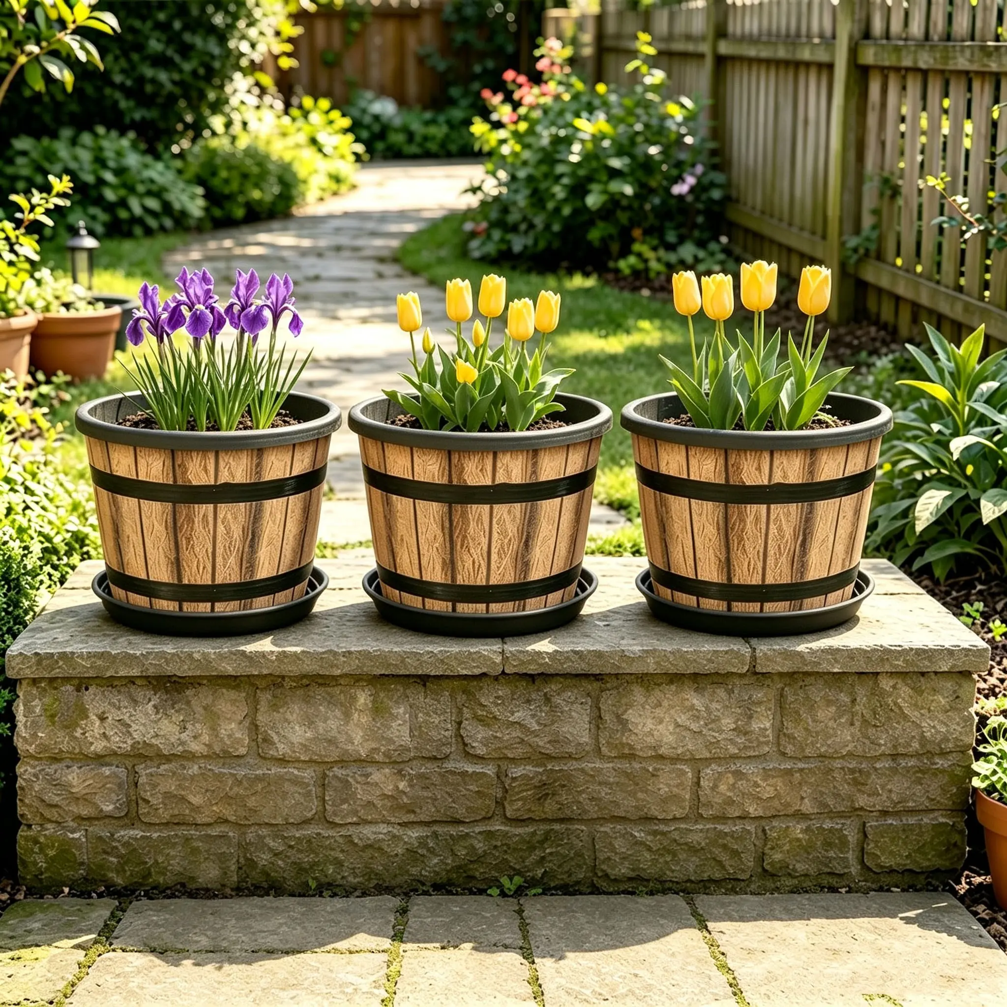 3-Piece Set Resin Flower Pots, Barrel Design, Lightweight Durable, Indoor Outdoor Planters with Tray, Perfect for Greenery