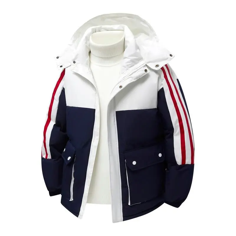 Men's heavyweight winter jacket with removable hood and collar, full zipper striped colorblock coat, large pocket workwear cotton jacket, hooded back door, and full-length zipper closure, suitable for skiing, snowboarding, Fashion Casual Long Sleeve