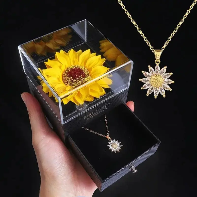 Valentine's Day Sunflower Design Necklace & Gift Box Set As Gifts, 1 Set Summer Artificial Sunflower Gift Box for Girlfriend Wife, Room Decor, Bedroom Decor, Gifts for Girlfriend, Gifts for Her, Exquisite Jewelry Gift
