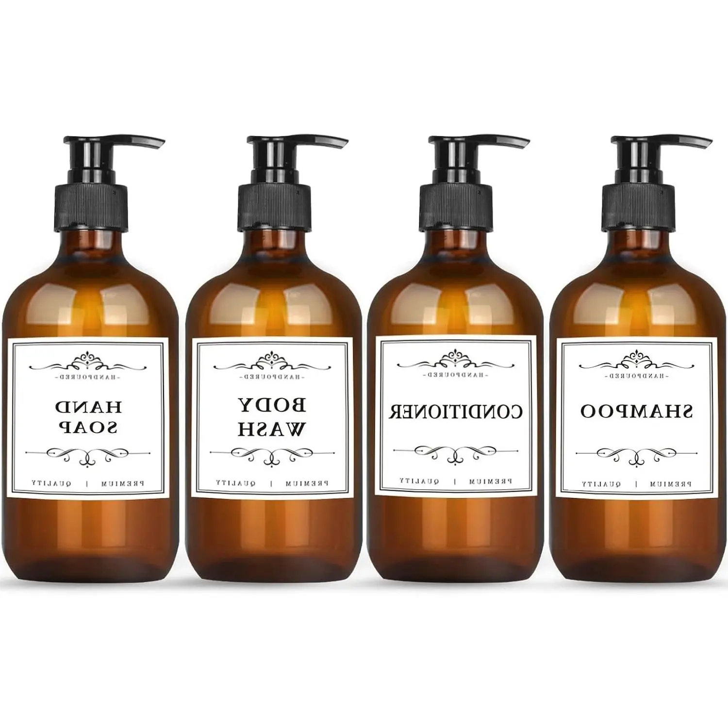 4 Pack 16.9 Oz Amber Refillable Pump Bottles for Shampoo, Conditioner, and Hand Soap with Waterproof LabelsGift
