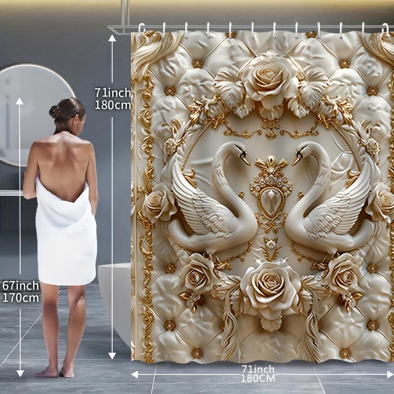 Swan Embossed Shower Curtain Set, 1 Count Waterproof Shower Curtain/4 Counts Set Including Waterproof Shower Curtain, Non-slip Floor Mat, Toilet Seat Cover & Bathroom Mat with 12 Hooks, Showercurtain, Bathroom Decoration Accessories