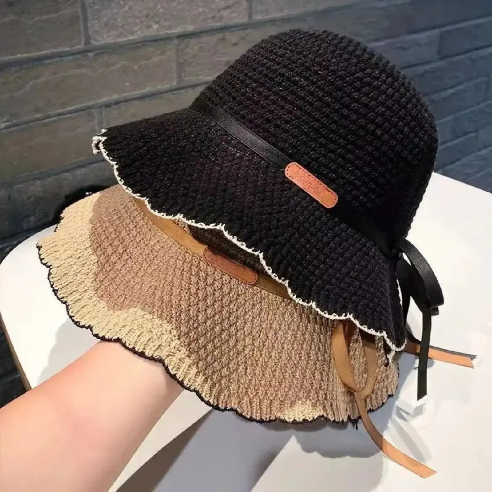 Women’s Korean Aesthetic Crochet Knit Bucket Hat, Lightweight Breathable Sun Headwear With Colorful Letter Patches, Foldable Summer Accessory Ideal For Beach Vacations, Daily Casual Wear And Outdoor Styling