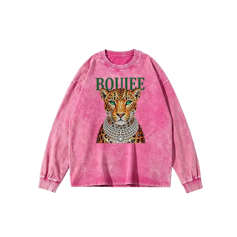Women's Retro Boujee Cheetah Rhinestone Graphic Long-Sleeve Cotton Blend Sweatshirt - Trendy Street Style Washed Oversized Crew Neck, Animal Motif Graphic Print, Machine Washable Casual Top