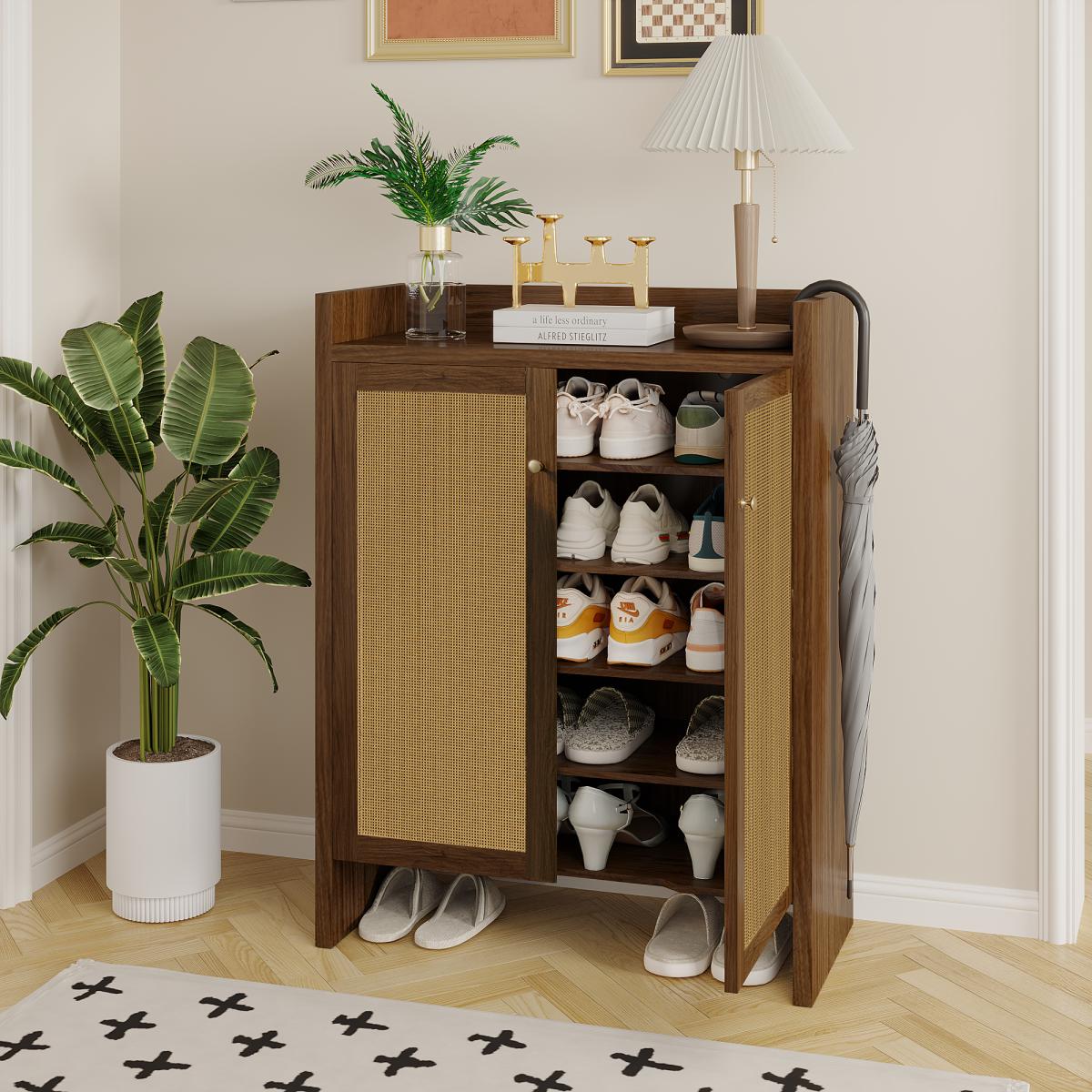 42.5" Tall Rattan Shoe Cabinet with Doors, 6-Tier Shoe Storage Cabinet with Adjustable Shelves, Wooden Freestanding Shoe Organizer Shoe Cabinet for Entryway,Hallway,Living Room (Walnut)