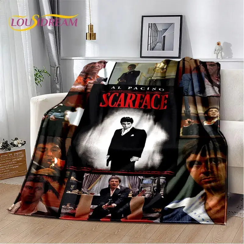 Scarface Al Pacino Tony Montana Flannel Throw Blanket Classic Movie Scene Collage Poster Graphic Soft Fleece Blanket Man Cave Sofa Decor Gift for Scarface Film Fans