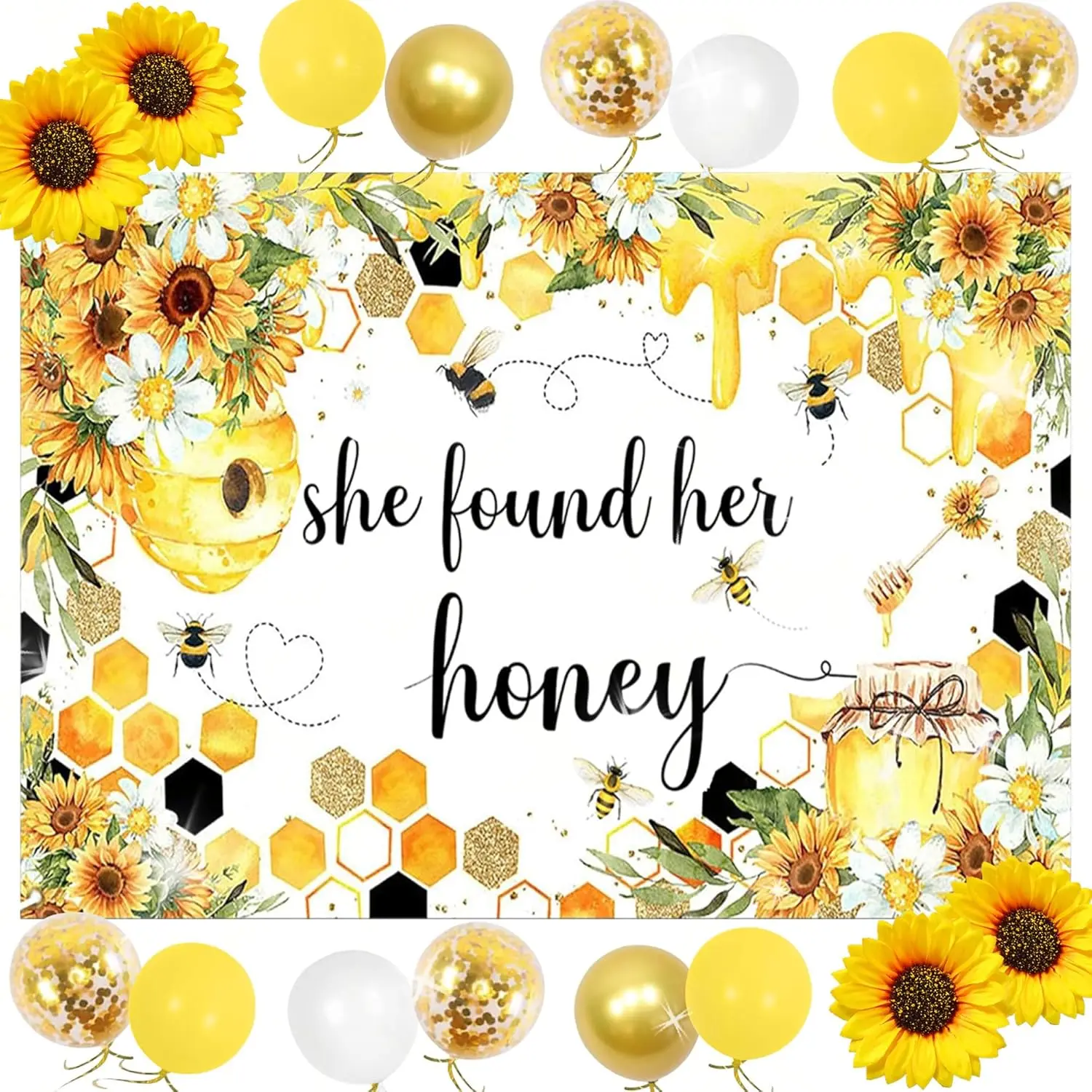 She Found Her Honey Sign Bride to Bee Bridal Shower Decoration Balloons Backdrop Sunflowers Wedding Bride to Be Engagement Banner Props