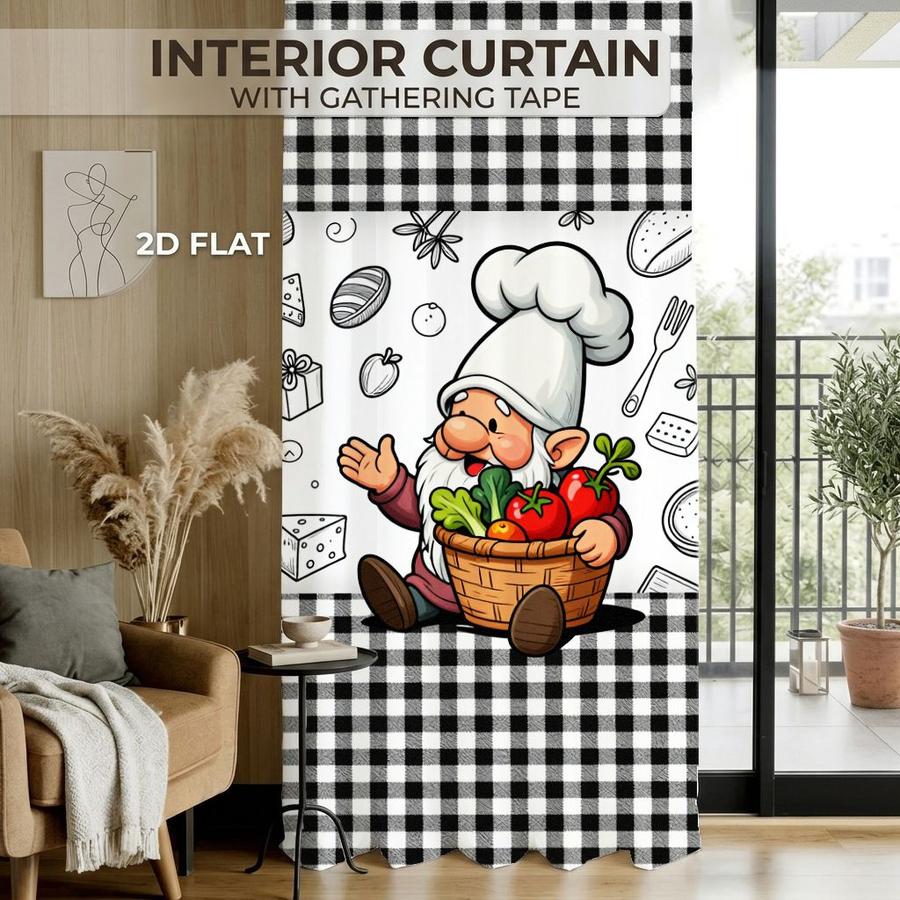 2Pcs Cartoon Style Chef Gnome Gingham Pattern Sun Blocking Curtains Digital Printed Rod Pocket, Window Treatment For Bedroom Office Kitchen Living Room Study Home Decor