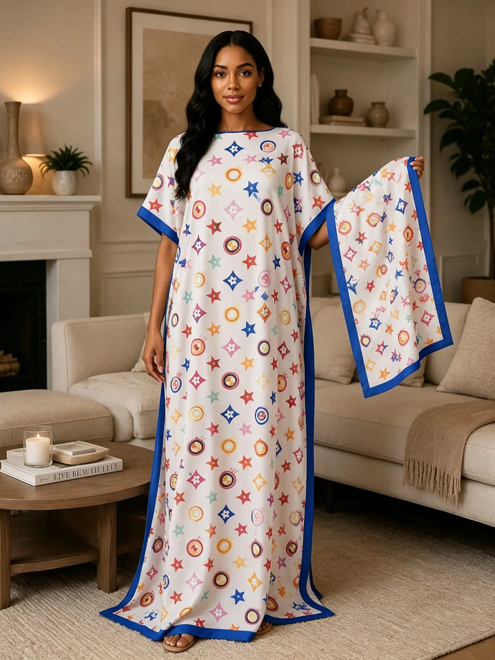 Women's Plus Size Muslim Abaya Set, Colorful Cartoon Star Print, Long Side Slit Dress, Blue Headscarf, Casual & Comfortable