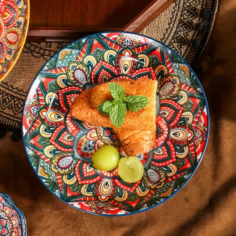 1pc 8-inch Bohemian Ceramic Deep Plate, Colorful Mandala Floral Pasta Salad Bowl Plate, Microwave Safe Vintage Serving Dinnerware for Kitchen & Dining