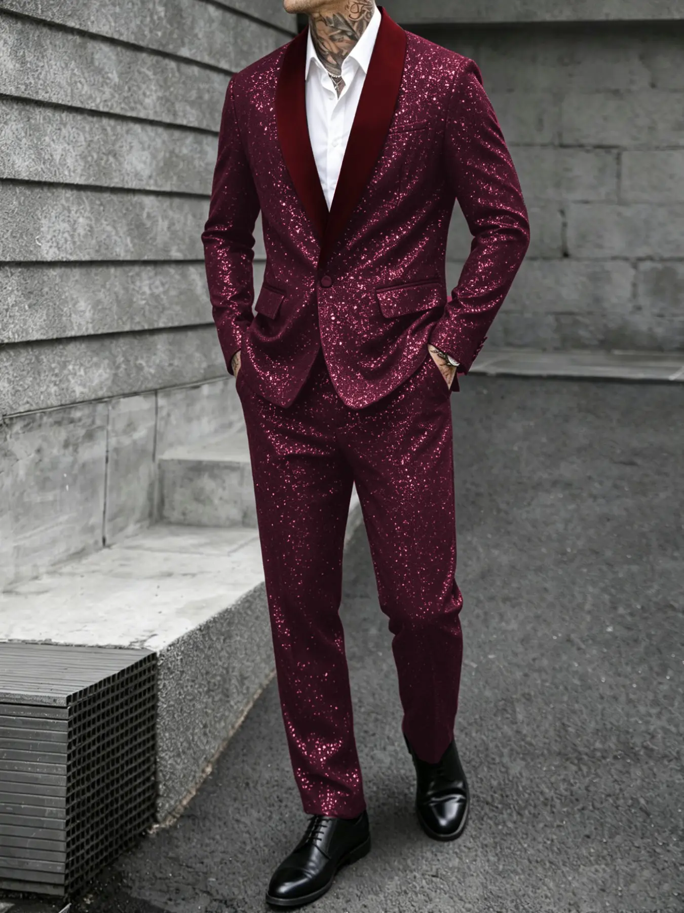 Gentleman Glitter Sequin Suit, Satin Knot Collar Top with Straight Leg Pants, Formal Two-Piece Set for Wedding, Nightclub, Stage Performance