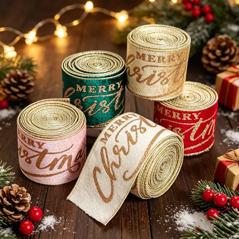 2 pieces of Christmas flocked gold glitter English ribbons in an elegant and light luxury style, easy to handle for DIY, portable and durable, suitable for making bows, flower decorations, gift box ribbons, and home decor