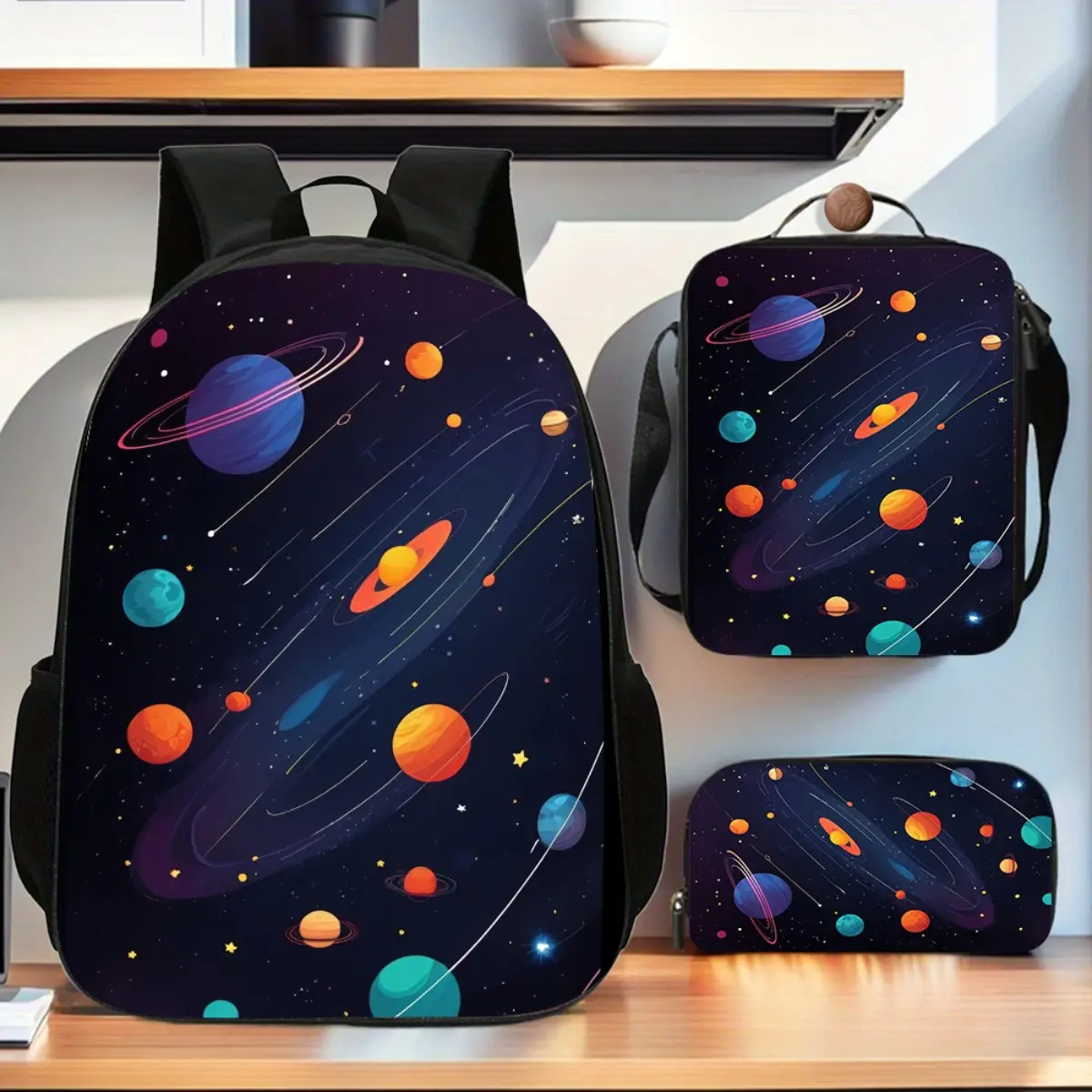 Solar System 3pcs Backpack Set - Large Capacity Polyester Backpack with Planets & Stars Design, Pencil Bag & Lunch Box - Lightweight, Adjustable Strap, Zipper Closure - Ideal for Daily Commute & Travel, Commute Essentials | Space Themed Backpack