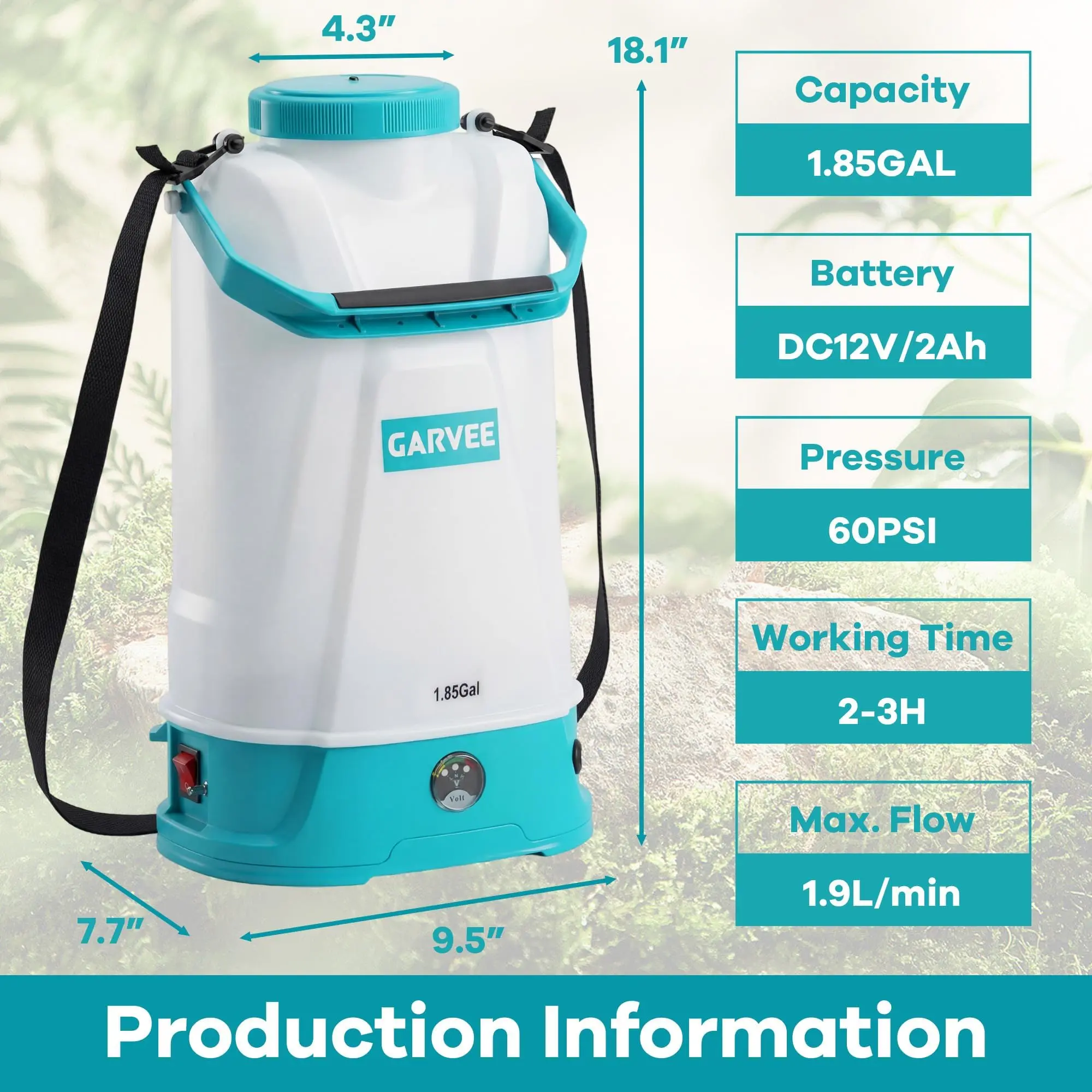 Garvee 1.85 Gallon Battery Powered Sprayer with Adjustable Shoulder Strap, 0-60 PSI Adjustable Pressure, Electric Sprayer with 1 Nozzles and 1 Wands, 12V 2Ah Battery, Wide Mouth Lid for Weeding, Spraying ﻿